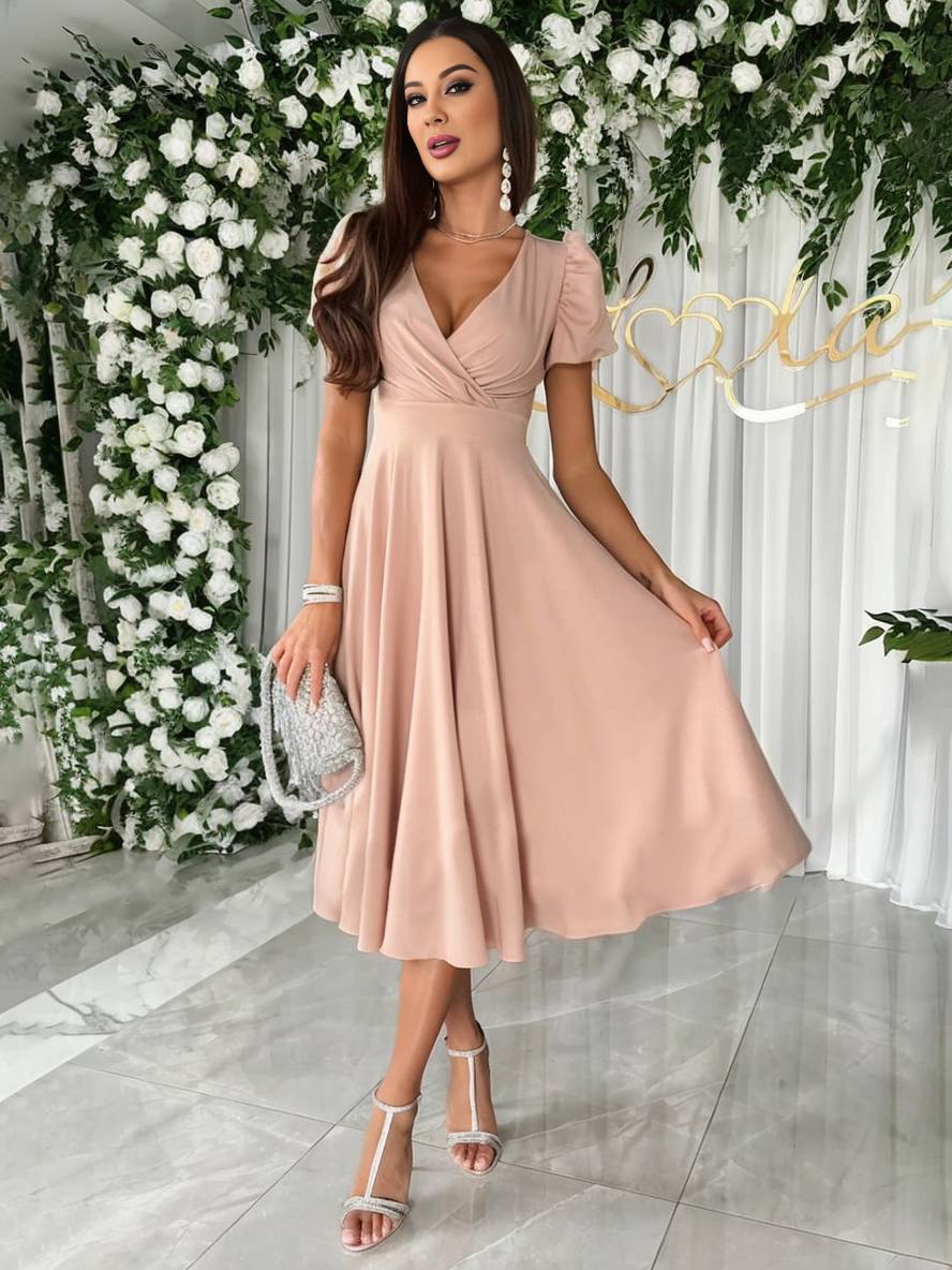 Women's Elegant Puff Sleeve Wrap V-Neck Midi Dress
