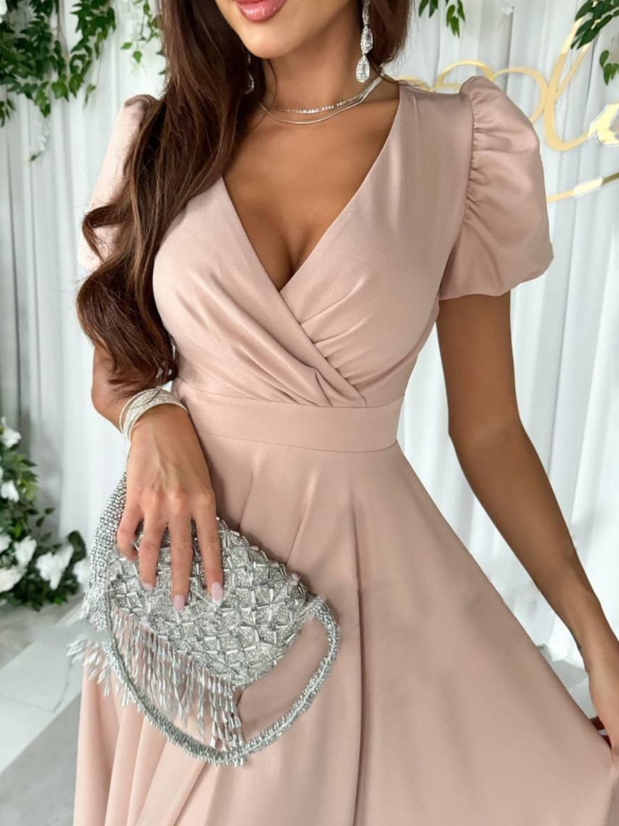 Women's Elegant Puff Sleeve Wrap V-Neck Midi Dress