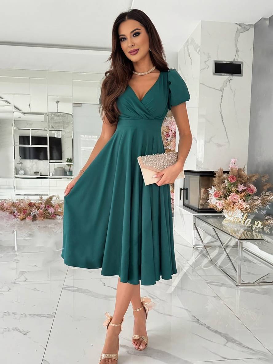 Women's Elegant Puff Sleeve Wrap V-Neck Midi Dress