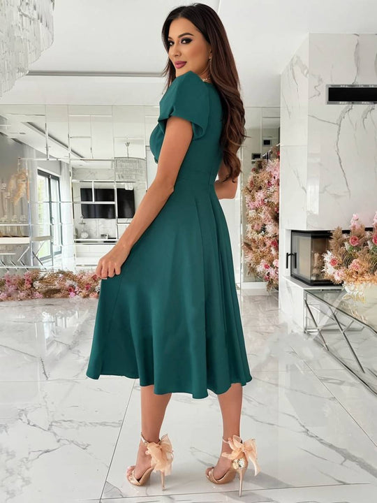 Women's Elegant Puff Sleeve Wrap V-Neck Midi Dress