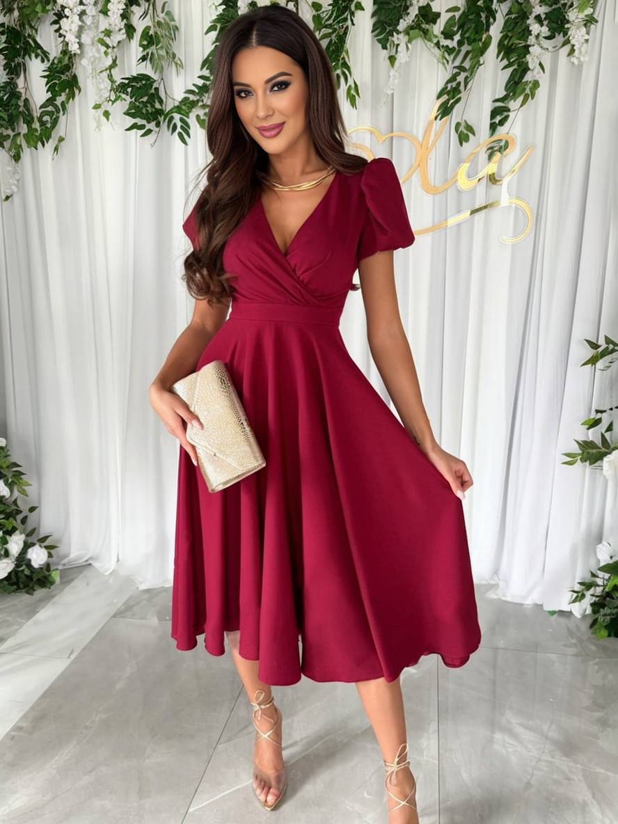 Women's Elegant Puff Sleeve Wrap V-Neck Midi Dress