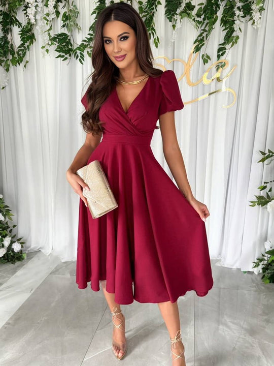 Women's Elegant Puff Sleeve Wrap V-Neck Midi Dress