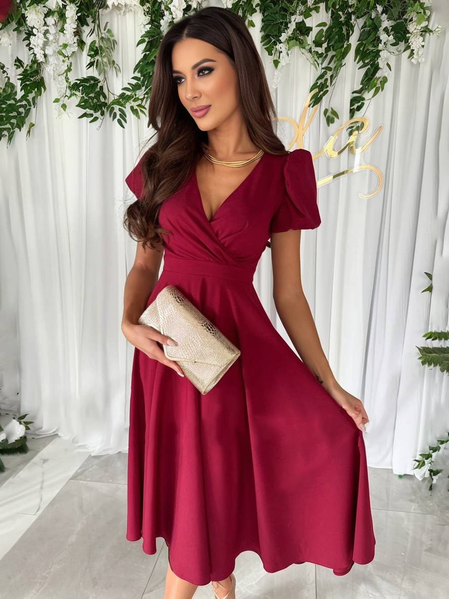 Women's Elegant Puff Sleeve Wrap V-Neck Midi Dress