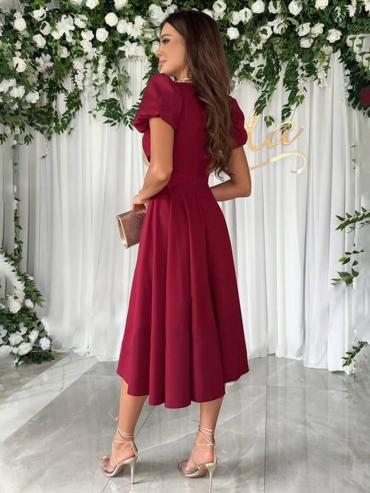 Women's Elegant Puff Sleeve Wrap V-Neck Midi Dress