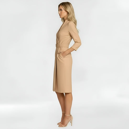 Women's Belted Wrap-Style Midi Dress with Stand Collar