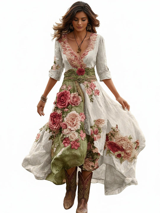 Women's Vintage Floral Embroidered V-Neck Asymmetrical Midi Dress