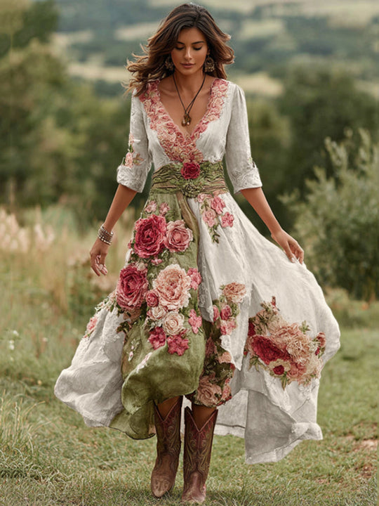 Women's Vintage Floral Embroidered V-Neck Asymmetrical Midi Dress