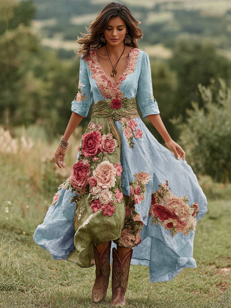 Women's Vintage Floral Embroidered V-Neck Asymmetrical Midi Dress
