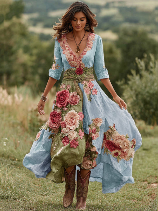 Women's Vintage Floral Embroidered V-Neck Asymmetrical Midi Dress