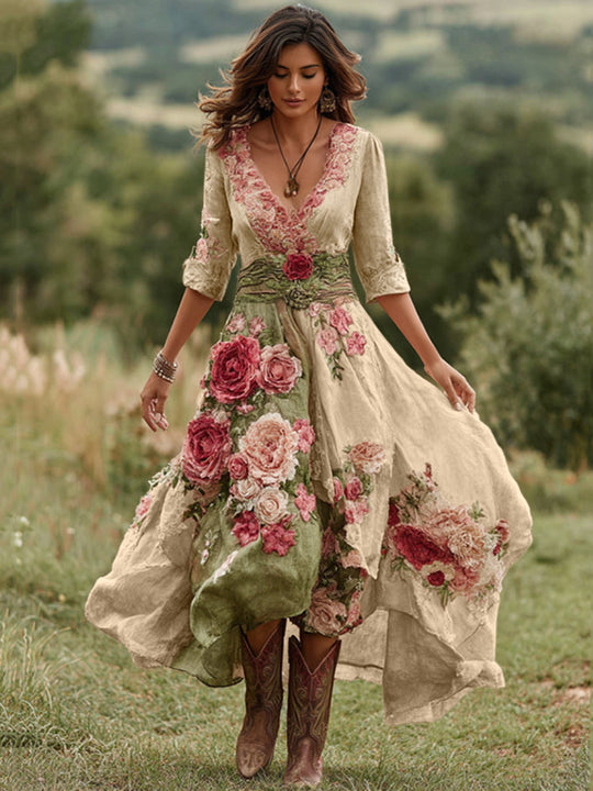 Women's Vintage Floral Embroidered V-Neck Asymmetrical Midi Dress