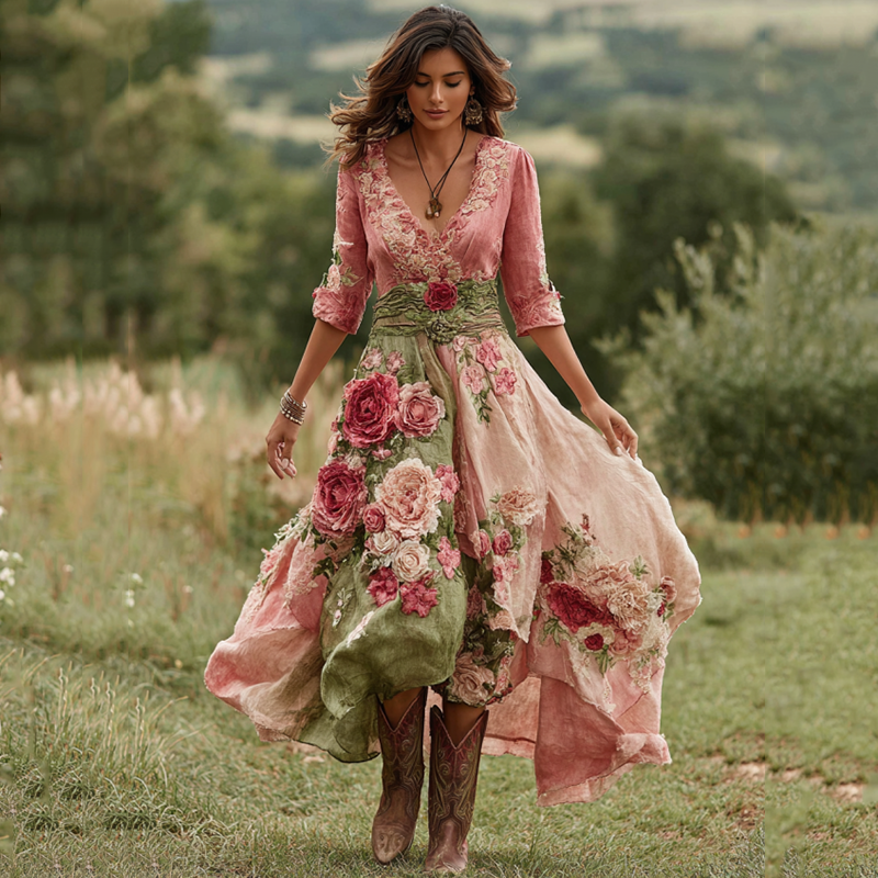 Women's Vintage Floral Embroidered V-Neck Asymmetrical Midi Dress