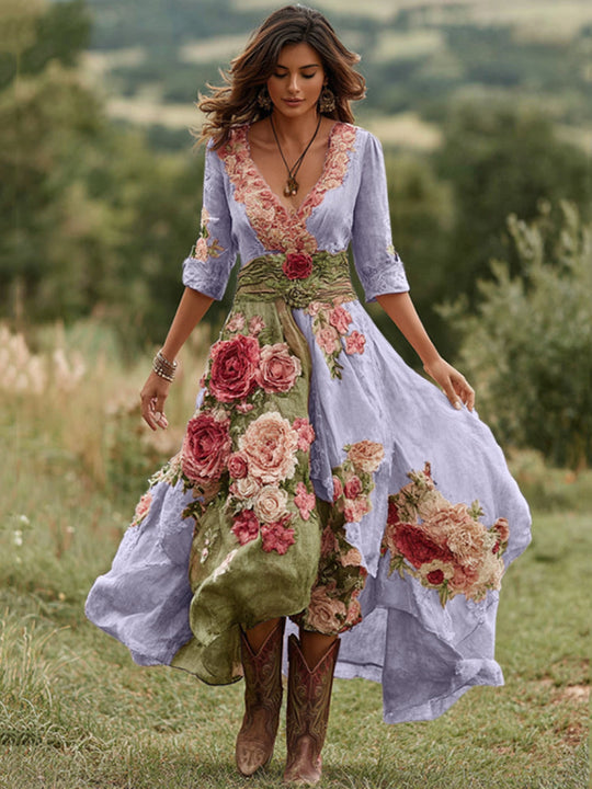 Women's Vintage Floral Embroidered V-Neck Asymmetrical Midi Dress