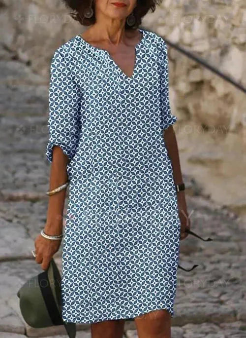 Women's Geometric Print V-Neck Shift Dress