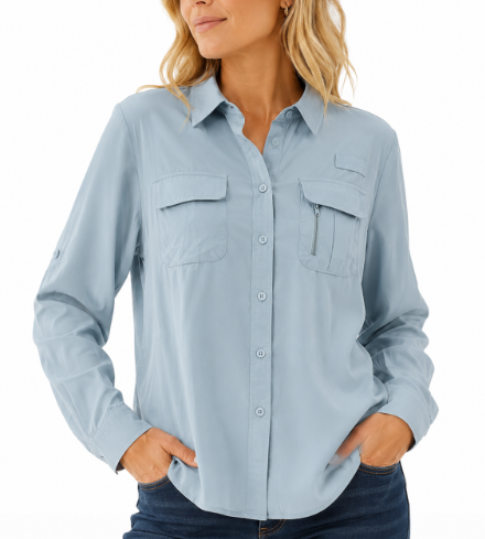 Women's Button-Up Utility Shirt with Dual Chest Pockets