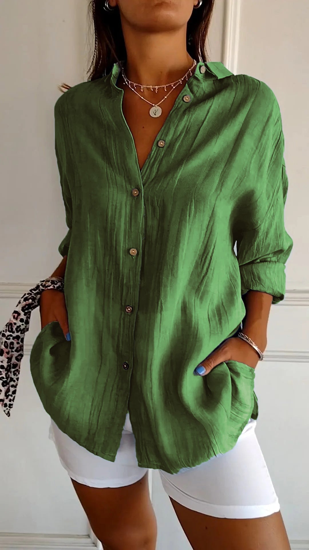 Women's Oversized Button-Up Shirt with Side Pockets
