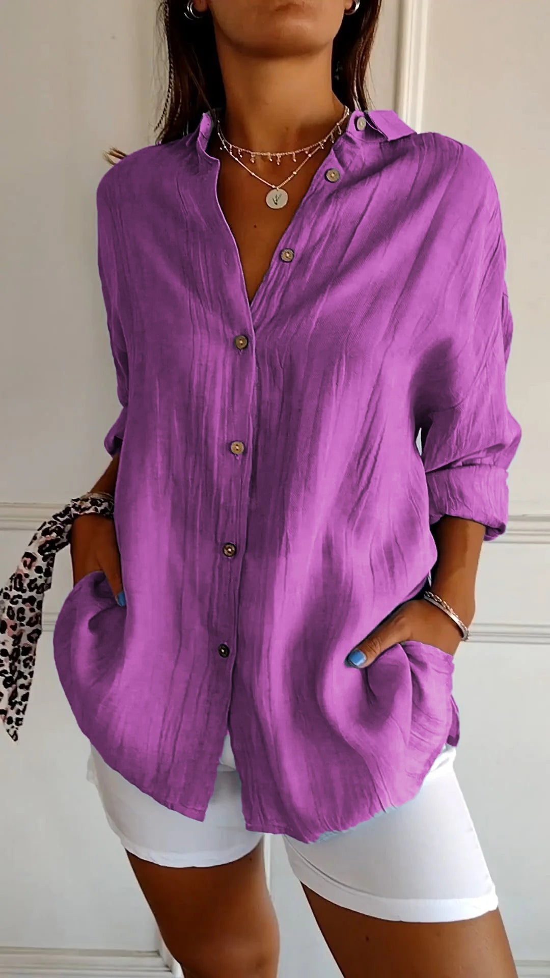 Women's Oversized Button-Up Shirt with Side Pockets