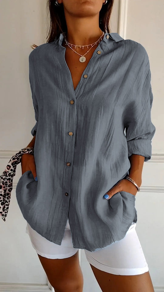 Women's Oversized Button-Up Shirt with Side Pockets