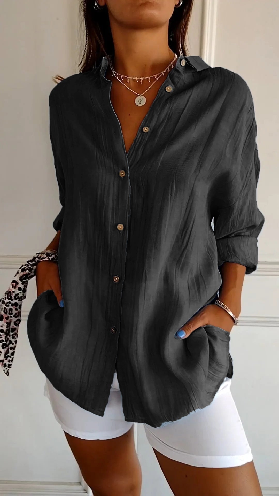 Women's Oversized Button-Up Shirt with Side Pockets