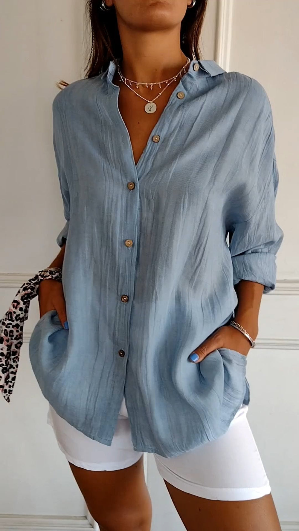 Women's Oversized Button-Up Shirt with Side Pockets
