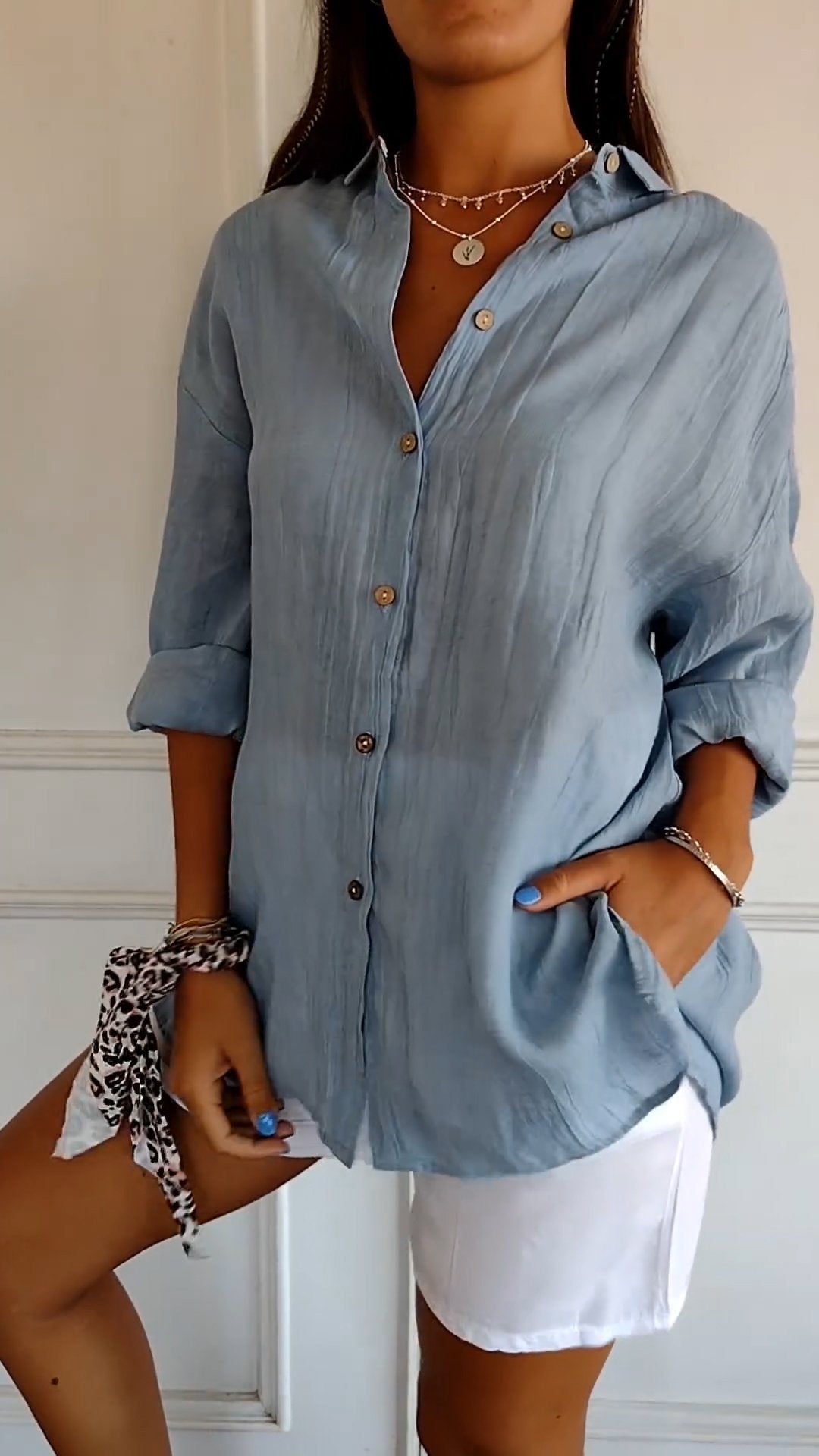 Women's Oversized Button-Up Shirt with Side Pockets