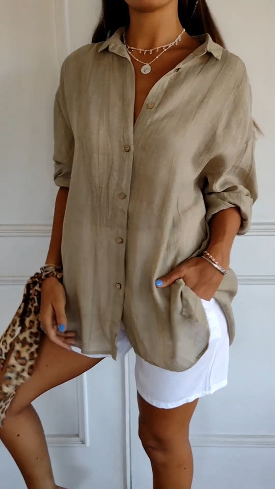 Women's Oversized Button-Up Shirt with Side Pockets