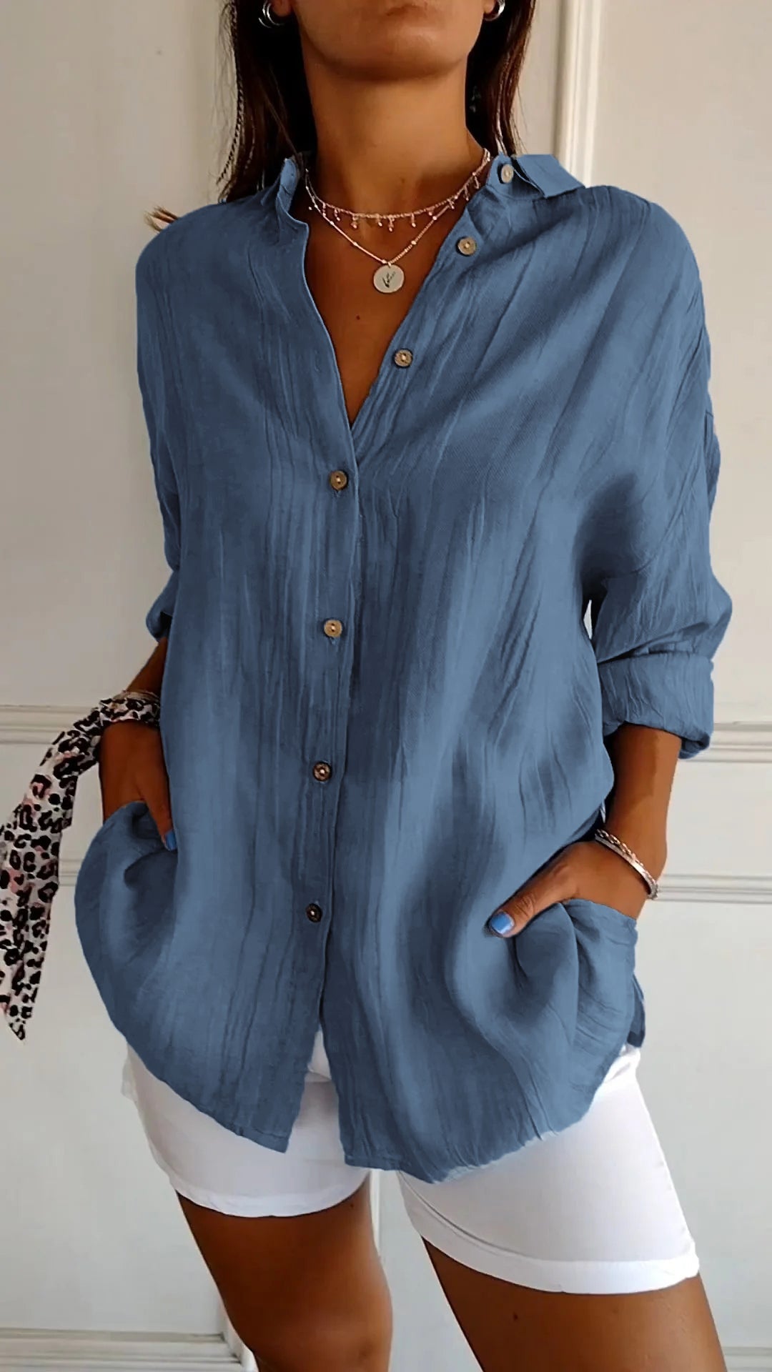 Women's Oversized Button-Up Shirt with Side Pockets