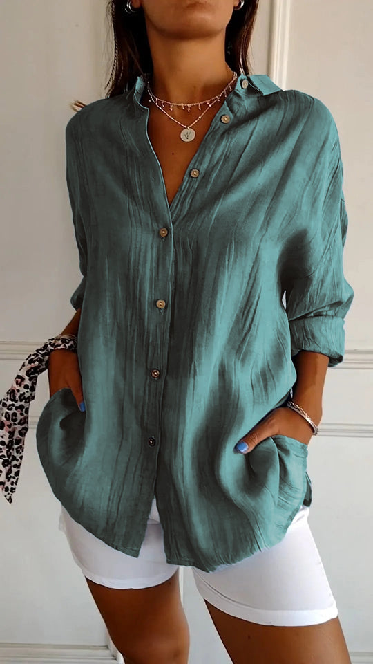 Women's Oversized Button-Up Shirt with Side Pockets