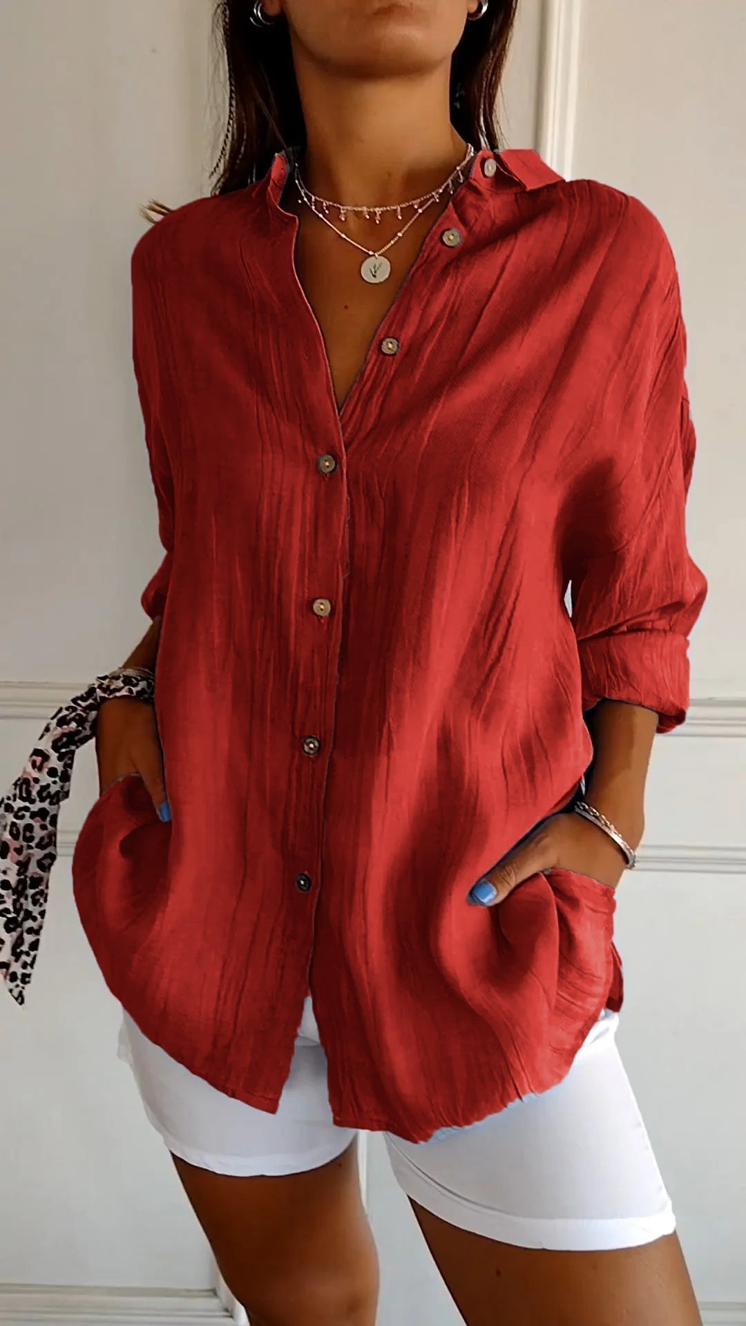 Women's Oversized Button-Up Shirt with Side Pockets