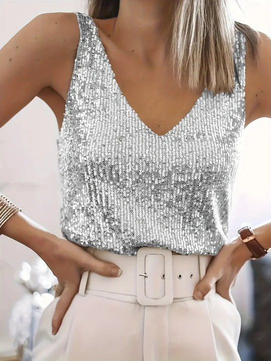 Women's Sparkling Sequin V-Neck Sleeveless Tank Top