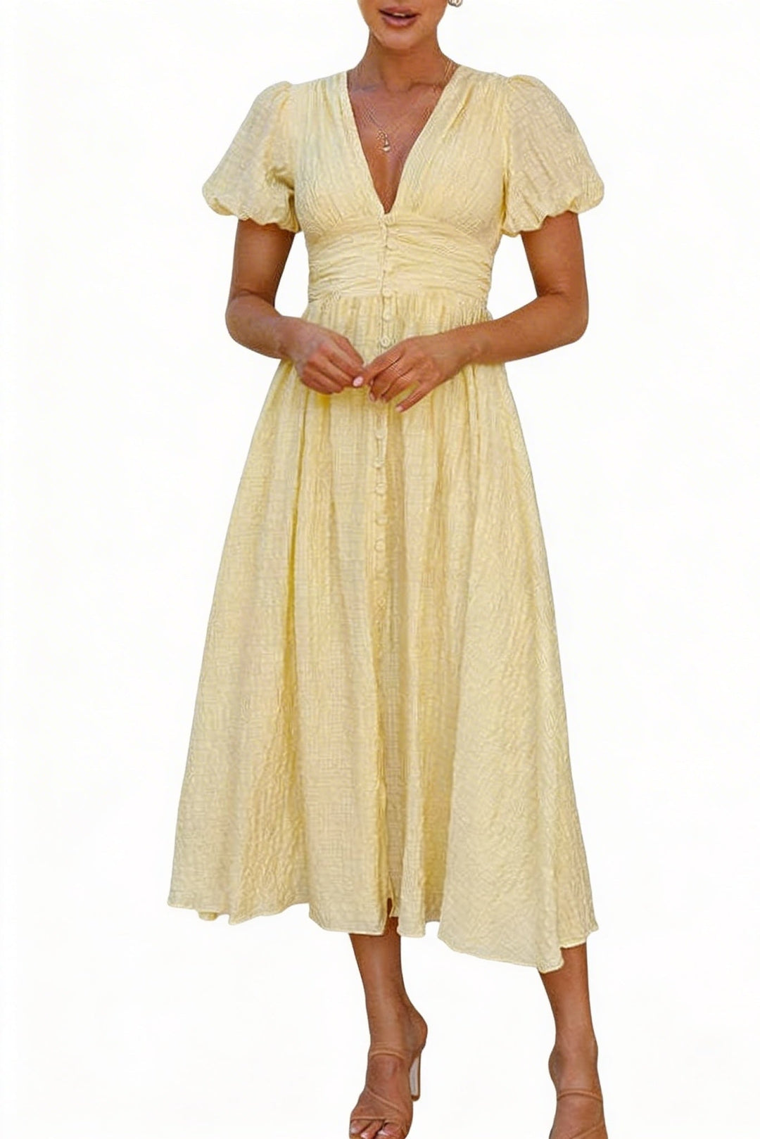 Women's Textured Puff Sleeve Midi Dress with Button Front