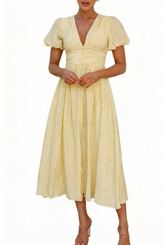 Women's Textured Puff Sleeve Midi Dress with Button Front