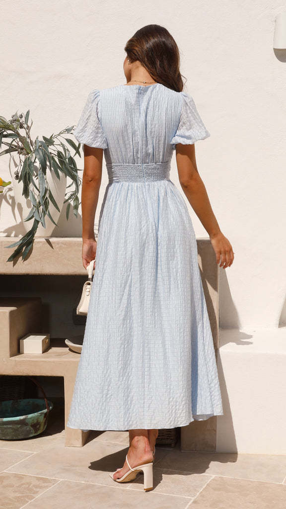 Women's Textured Puff Sleeve Midi Dress with Button Front