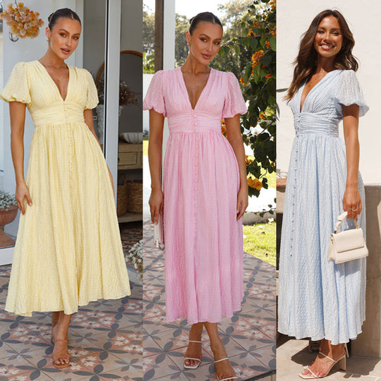 Women's Textured Puff Sleeve Midi Dress with Button Front
