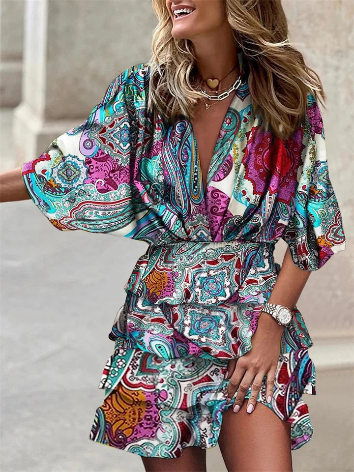 Women's Bohemian Paisley Print V-Neck Ruffle Mini Dress
