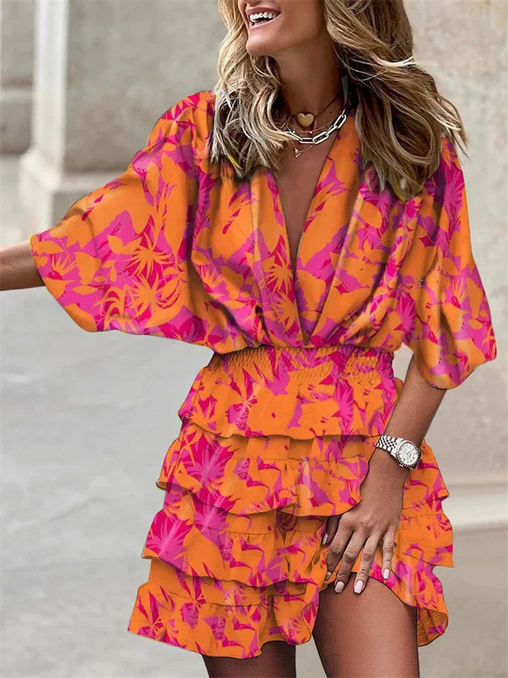 Women's Bohemian Paisley Print V-Neck Ruffle Mini Dress