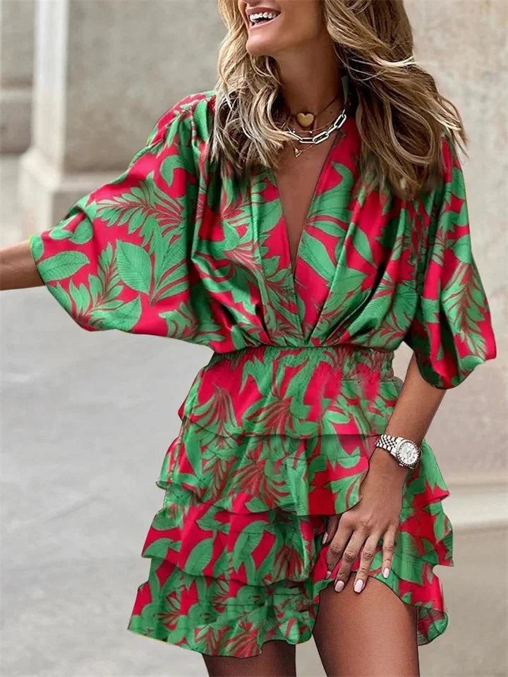 Women's Bohemian Paisley Print V-Neck Ruffle Mini Dress