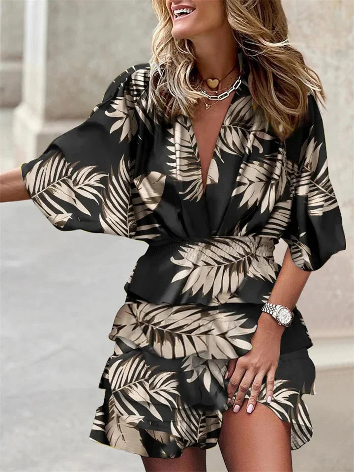 Women's Bohemian Paisley Print V-Neck Ruffle Mini Dress