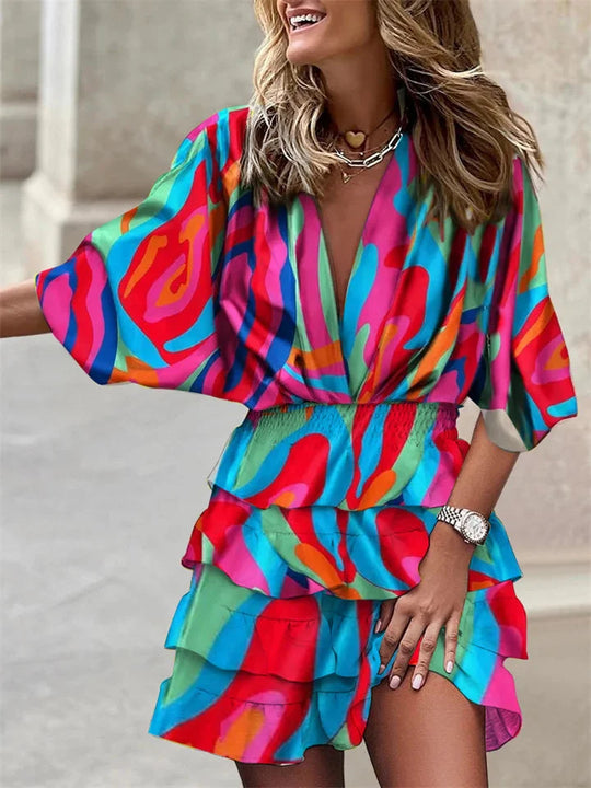 Women's Bohemian Paisley Print V-Neck Ruffle Mini Dress