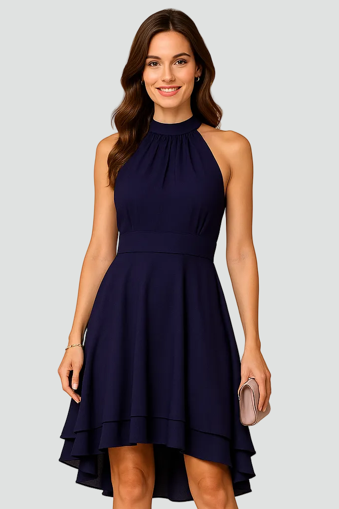 Damen anspruchsvolles Party-Kleid mit Neckholder und High-Low-Saum  