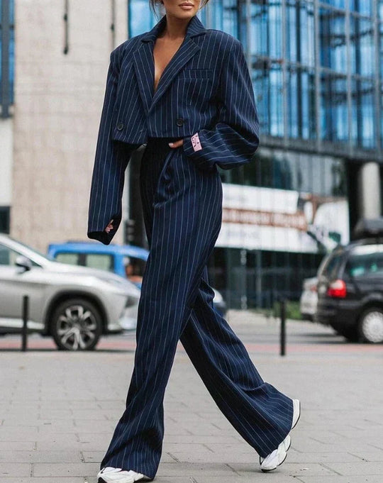 Women's Striped Blazer and Wide Leg Trousers Set