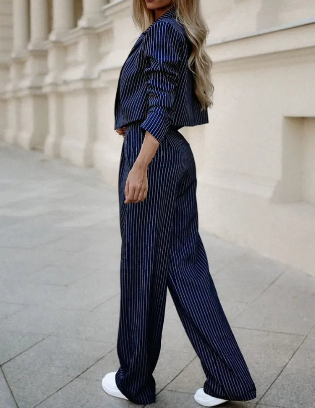 Women's Striped Blazer and Wide Leg Trousers Set
