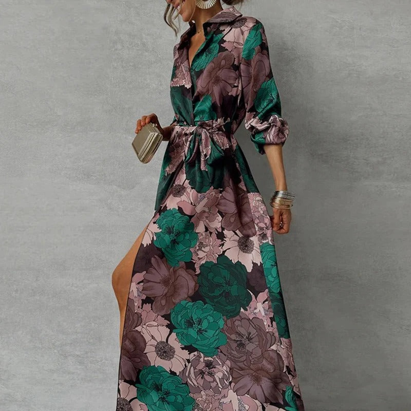 Women's Floral Print Tie Waist Maxi Shirt Dress