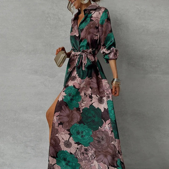 Women's Floral Print Tie Waist Maxi Shirt Dress