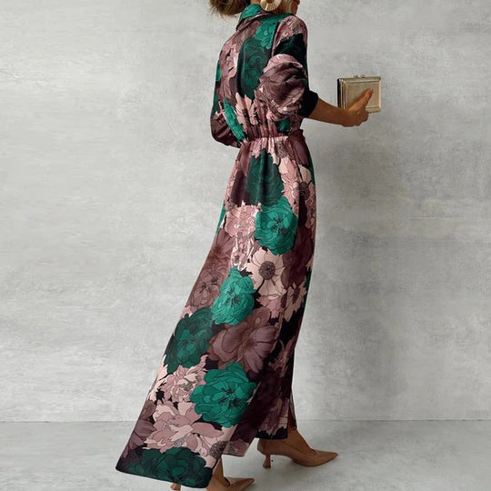 Women's Floral Print Tie Waist Maxi Shirt Dress