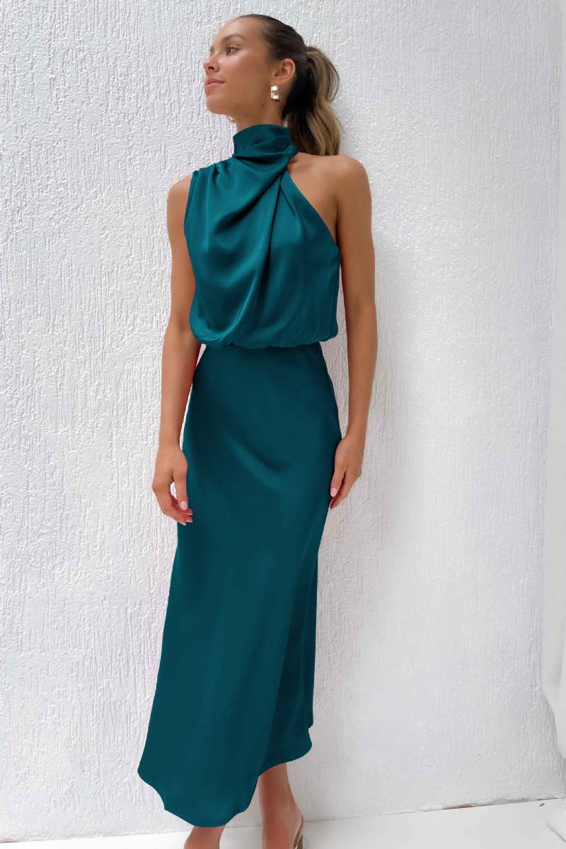 Women's Elegant Satin High Neck Sleeveless Midi Dress