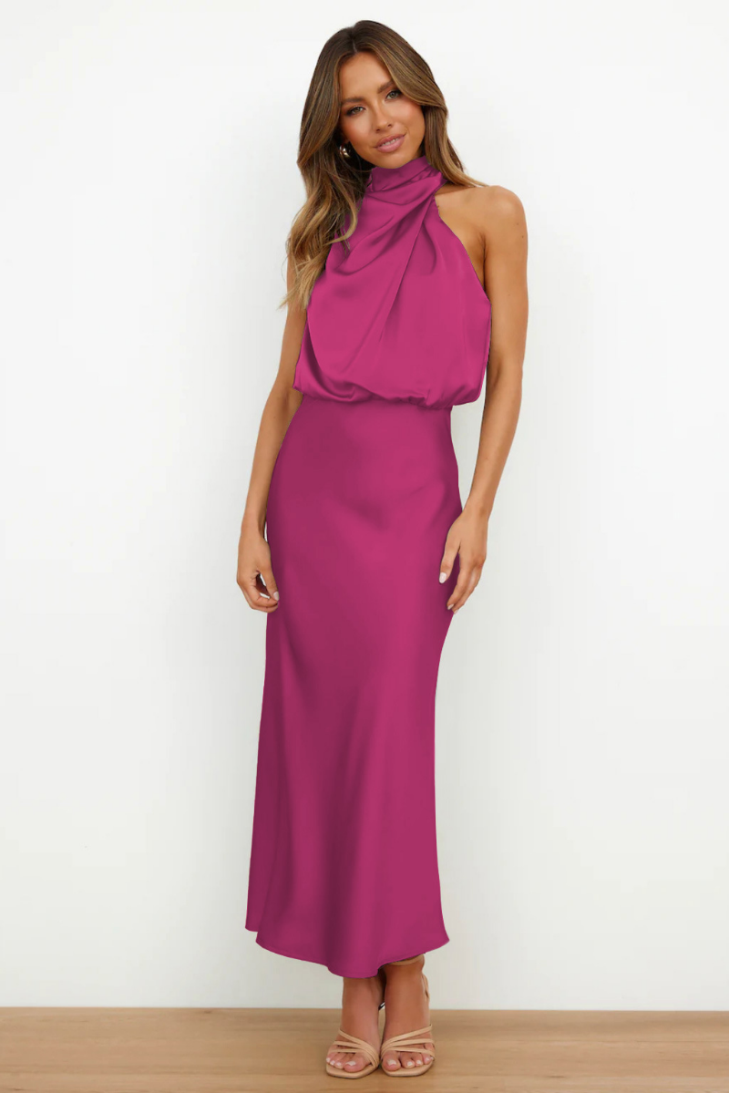 Women's Elegant Satin High Neck Sleeveless Midi Dress
