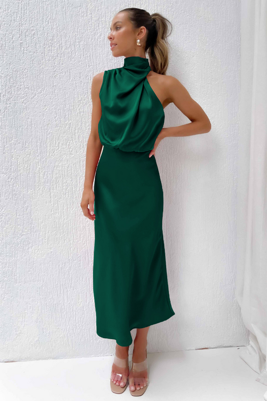 Women's Elegant Satin High Neck Sleeveless Midi Dress