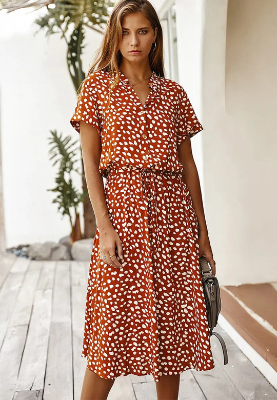 Women's Printed Tie Waist Midi Dress