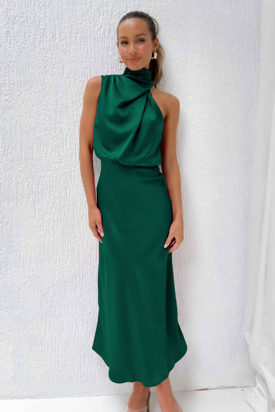 Women's Elegant Satin High Neck Sleeveless Midi Dress