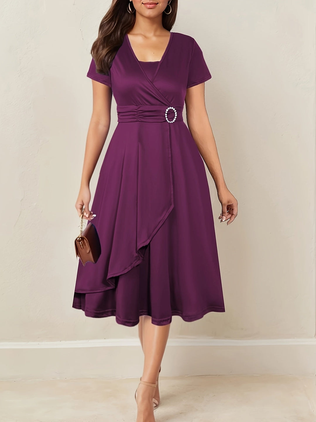 Women's Wrap Midi Dress with Decorative Waist Buckle